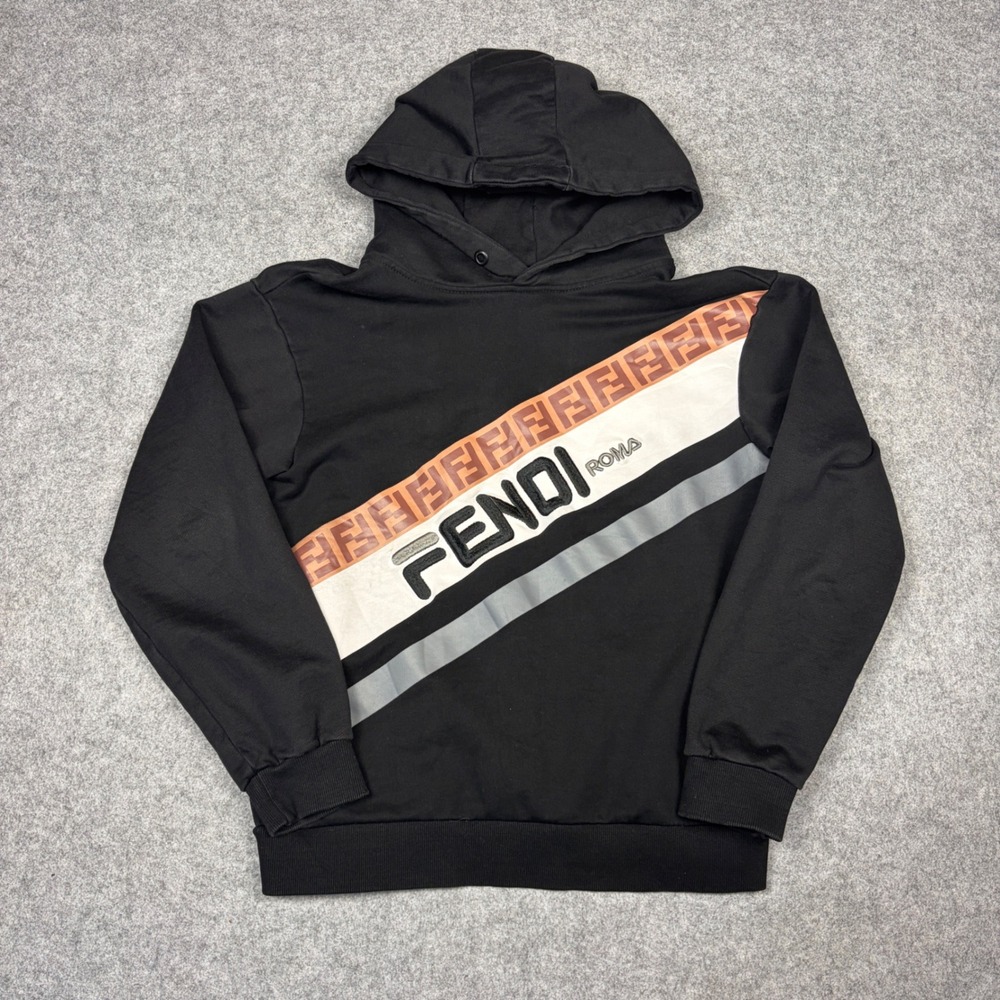 Fendi Roma Black Hoodie FF Monogram Logo Diagonal Stripe Pullover Sweatshirt